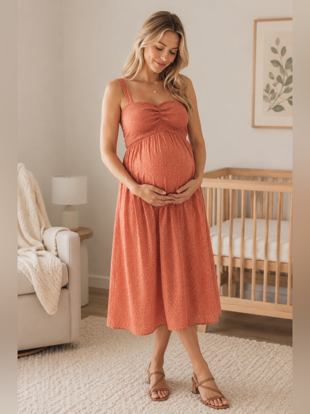 Hatch Maternity Coral smocked Midi Dress